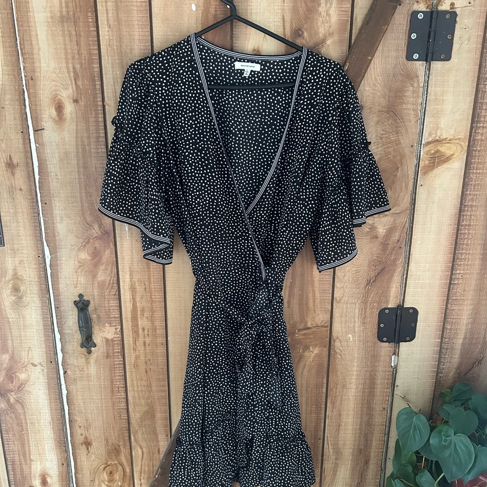 Max Studio Scattered Polka Dot Ruffle Wrap Midi Dress Black & White Breezy Large - Picture 4 of 9